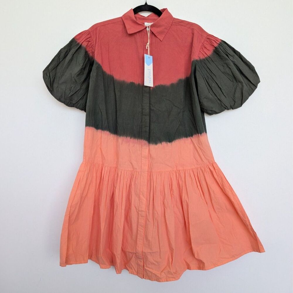 NWT Wknd Wyfr Frock-It Ombre Colorblock Collared Puff Short Sleeve Dress Sz S